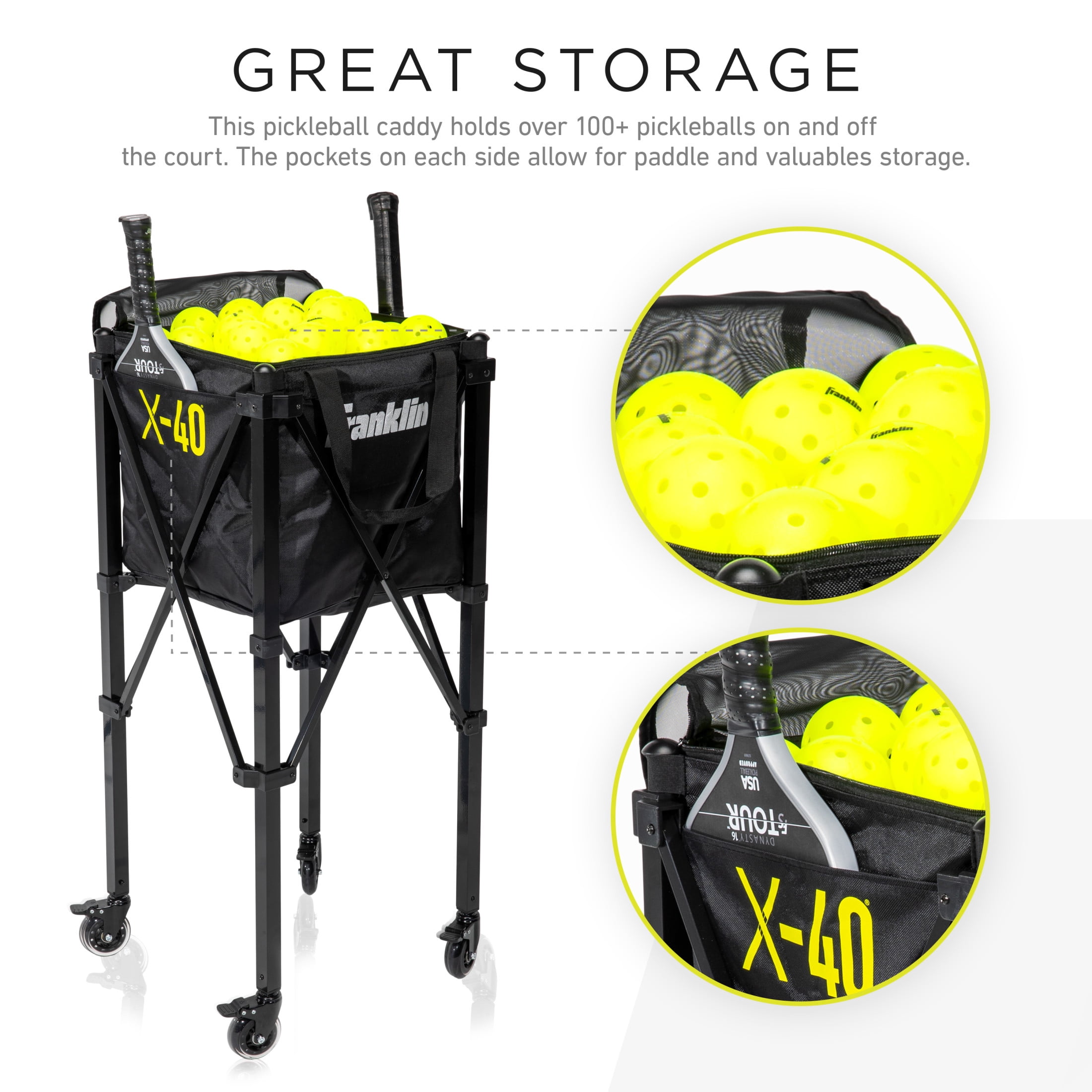 Franklin Sports Portable Pickleball Hopper + Carry Bag + Travel Basket with Wheels