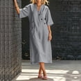 thumbnail image 6 of Ovbmpzd Summer Long Boho Beach Dresses for Women Loose Linen Sundresses Gray Short Sleeves V-Neck T-Shirt Dresses With Pockets,XL, 6 of 6