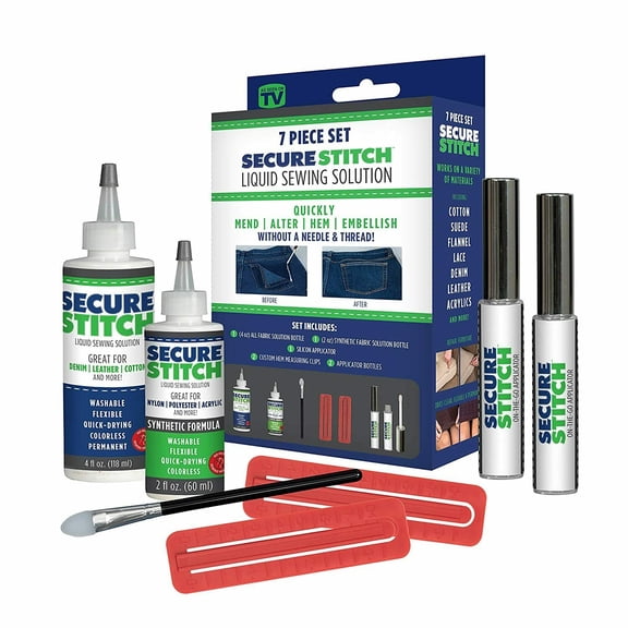 Secure Stitch Liquid Sewing Solution Kit! Fabric Glue That Quickly Mends, Alters, Hems & Embellishes Without A Needle and Thread! Includes: 4oz.Fabric Solution & 2oz All Fabric Solution