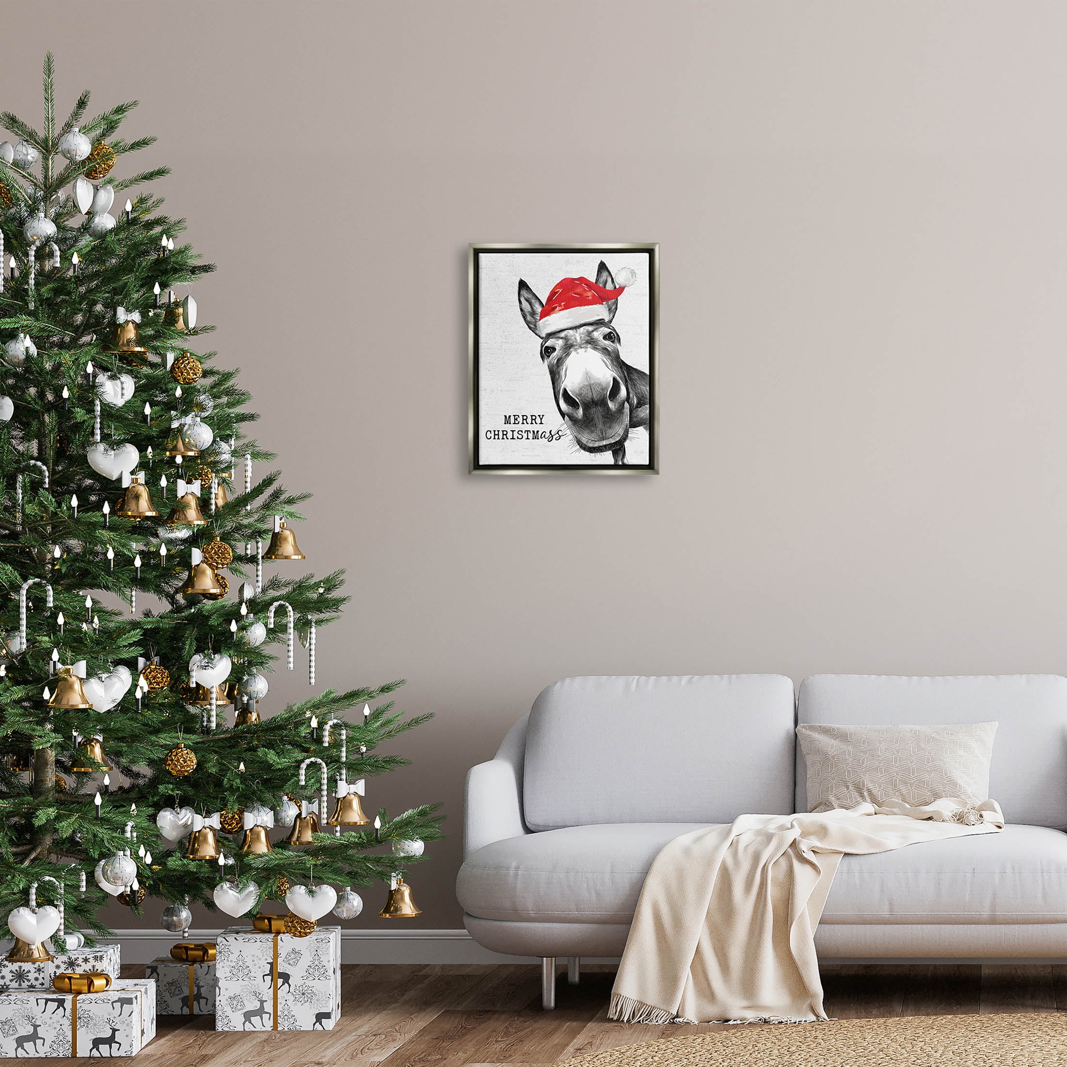 Stupell Industries Merry Christmass Funny Donkey Graphic Art Luster Gray Floating Framed Canvas Print Wall Art, Design by Lettered and Lined