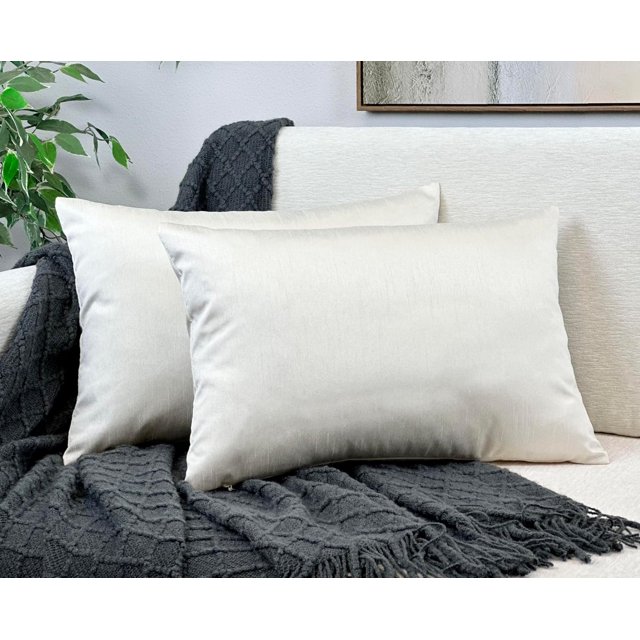 Aiking Home 12x18 Inches Faux Silk Rectangular Throw Pillow Cover, Zipper Closure, Ivory (Set of 2)