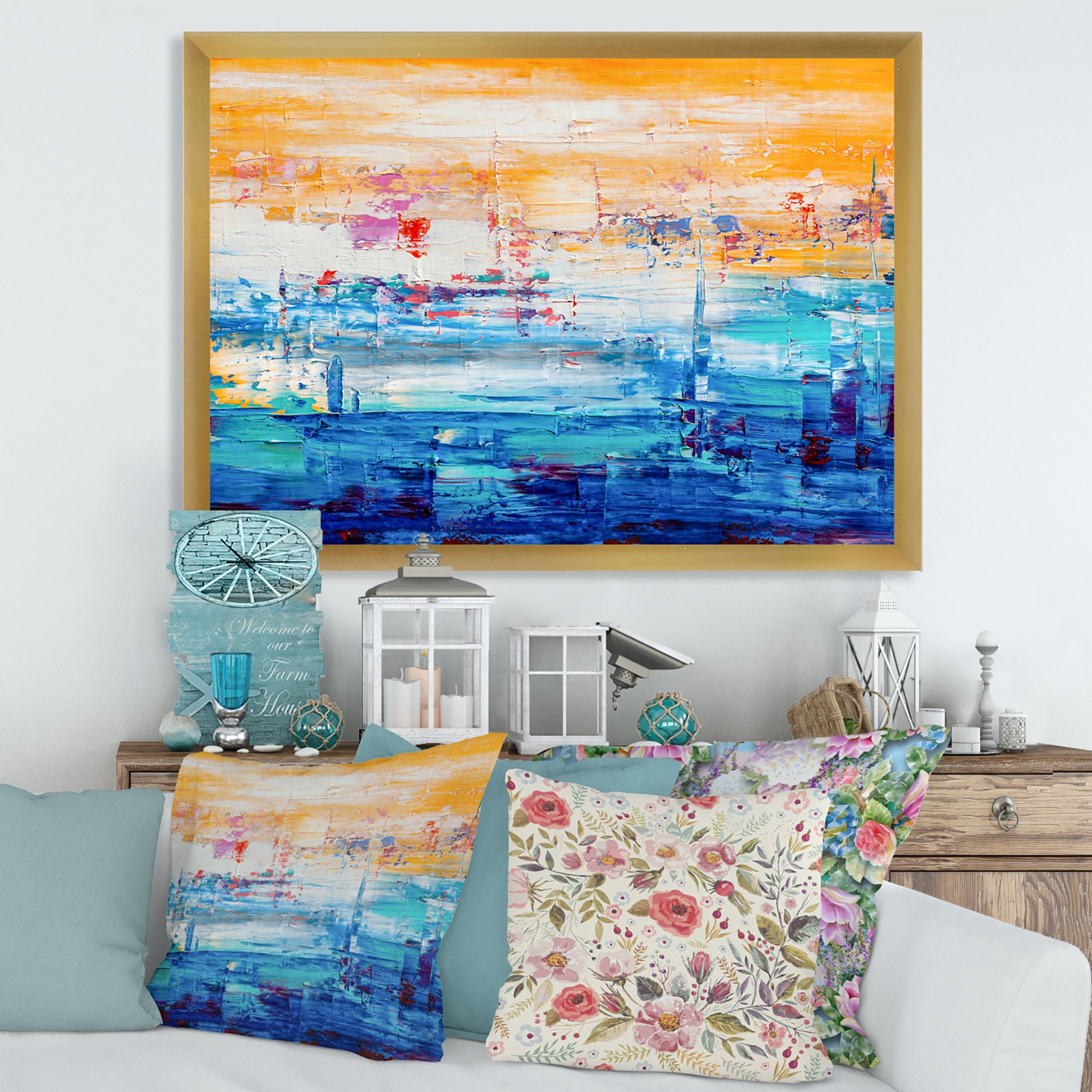 Designart 'Blue Meet Orange Abstract' Modern Framed Art Print