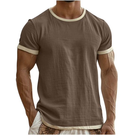 GUZOM Mens Ringer T Shirt, Cotton Linen Blend Coffee Brown, Breathable Summer Vintage Style Short Sleeve Casual Tee for Men,Size 2XL