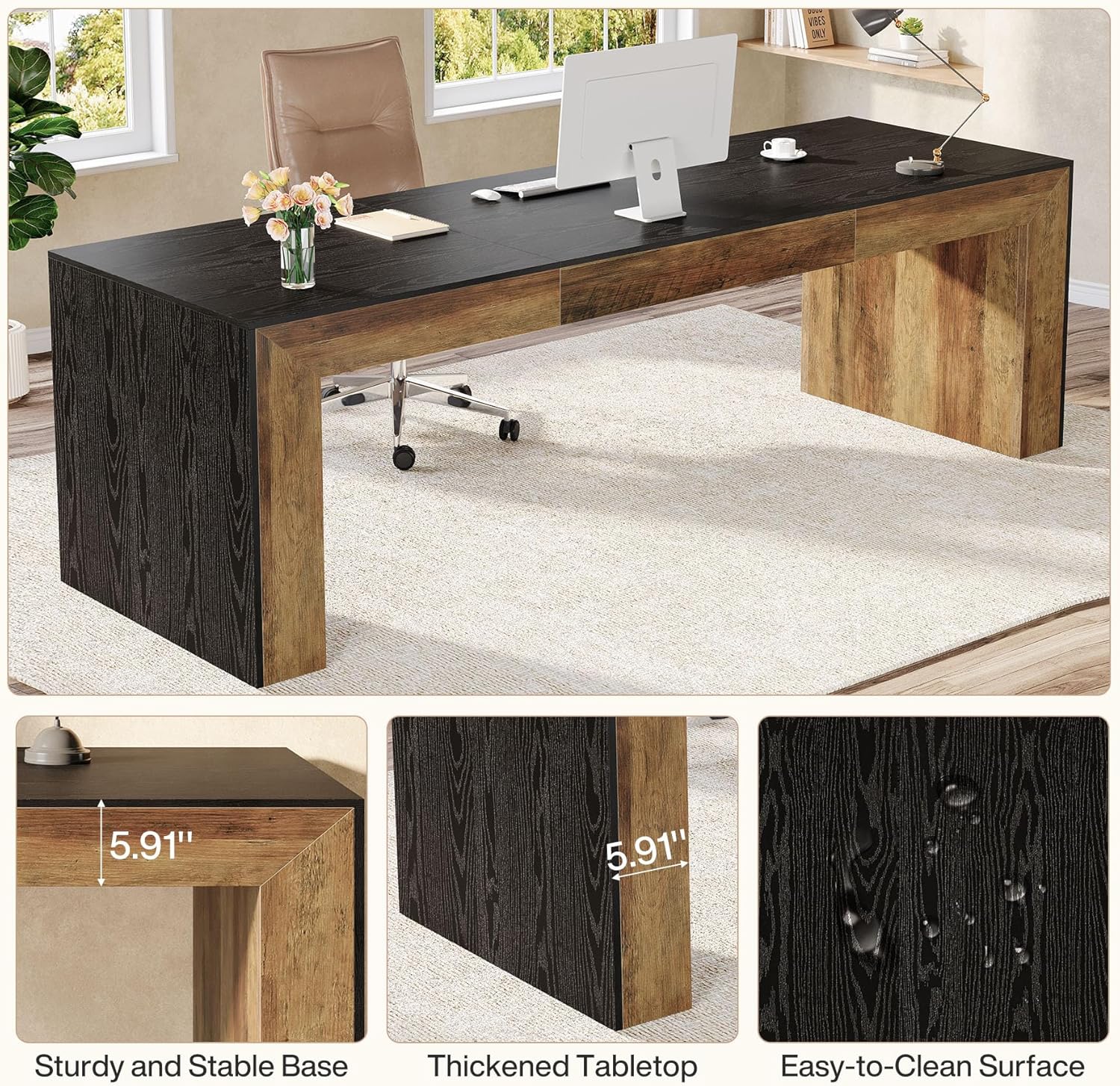 Tribesigns 78.74-Inch 2 Person Desk , Farmhouse Executive Desk with Wooden Tabletop and Legs, Large Workstations Gaming Table for Home Office, Black & Brown