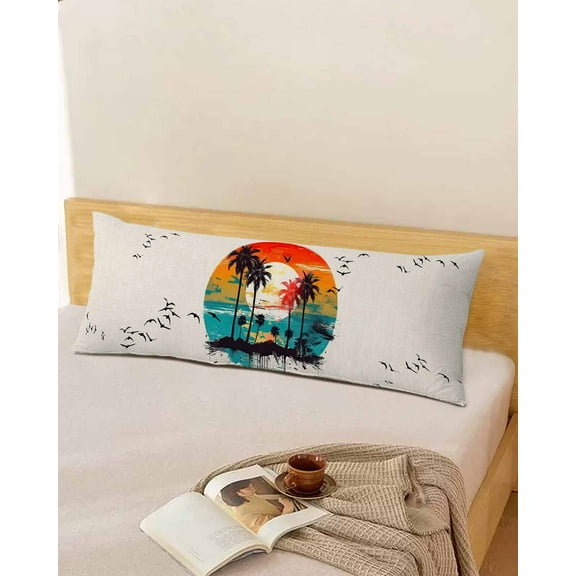 Summer Palm Tree Beach Throw Pillow Cover,Sunset Island Watercolor Rustic Rectangle Decorative Pillow Case Protector Soft Cushion Cover Lumbar Pillowcase for Couch Sofa Bedroom Car Decor 20x54 Inch