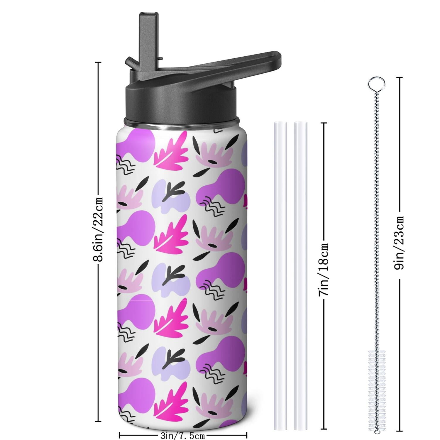 Modern 18 oz Insulated Stainless Steel Water Bottle with Straw & Cleaning Brush , Leakproof, BPA-Free, 304 Stainless Steel, Wide Mouth, Travel Mug for Car, Gym, Office
