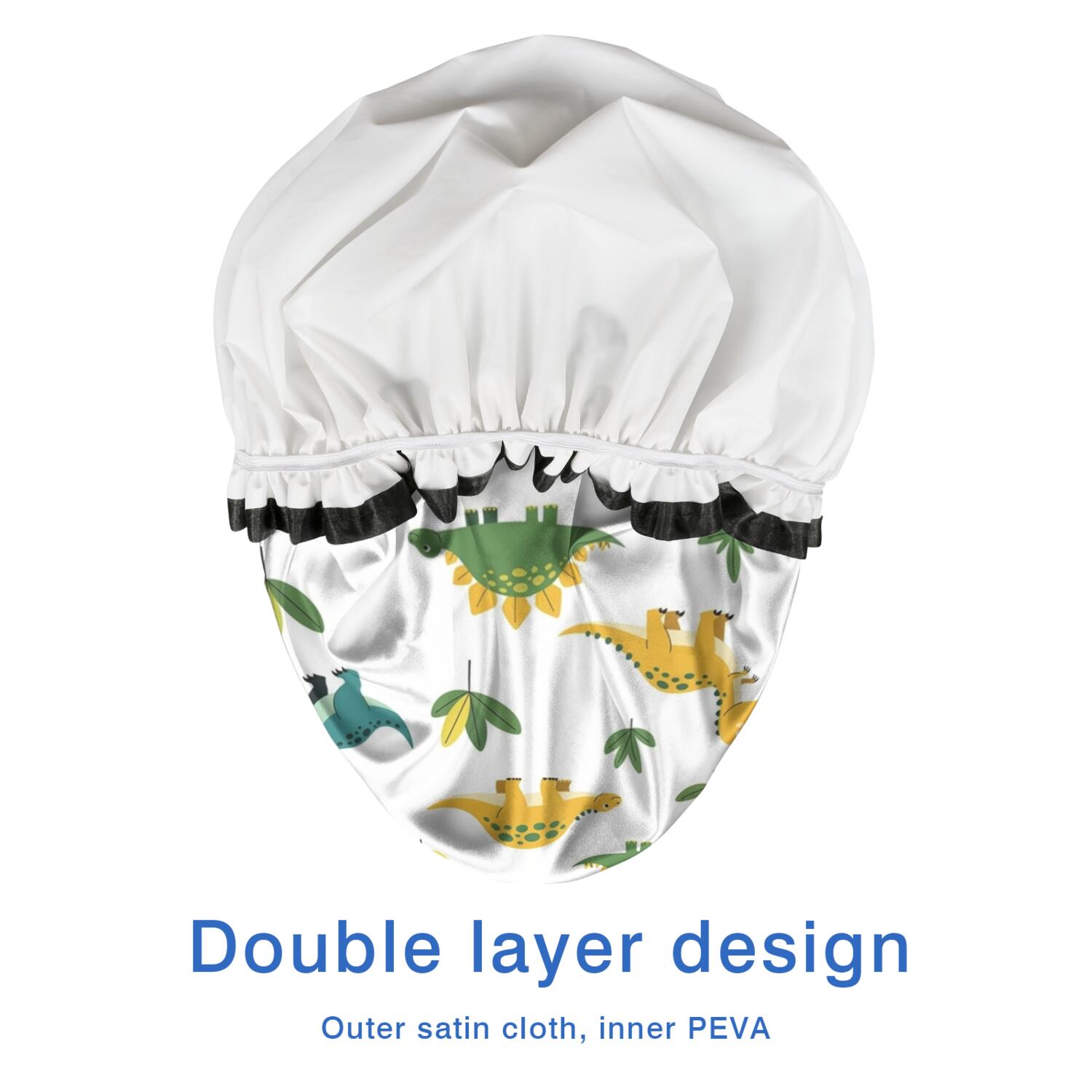 Shower Caps,White Dinosaurs Leaves Pattern Waterproof Shower Cap for Women 4 Pieces,Double Reusable Hair Cover for Shower PEVA Elastic Stretch Hem
