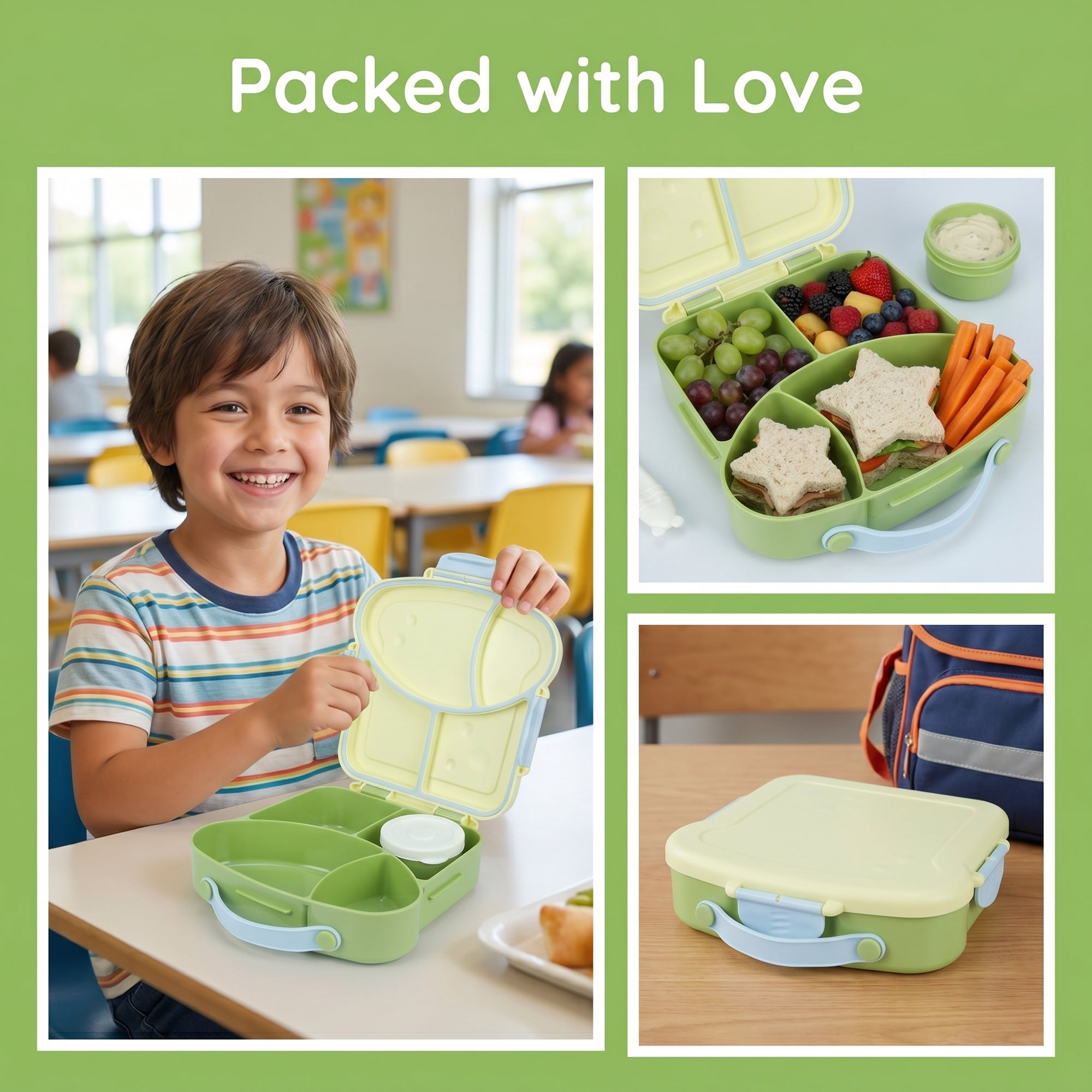 Unique Bargains 4-Compartment Meal Lunch Bento Box with Matching Cutlery Green