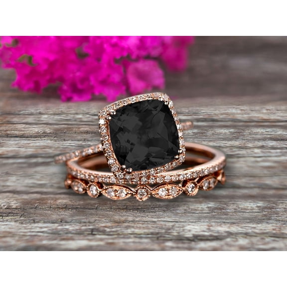 Art Deco 3.05 Carat Cushion Cut Black Diamond Moissanite Wedding Ring Set On 10k Rose Gold Engagement Ring Matching Wedding Band Imaginative Gift
