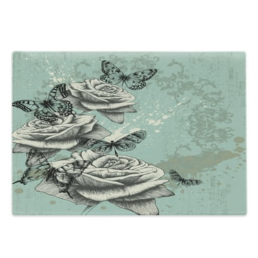 Rose Cutting Board, Grunge Composition with Hand Drawing Style Roses Butterflies Vintage, Decorative Tempered Glass Cutting and Serving Board, Large Size, Seafoam Grey Black, by Ambesonne