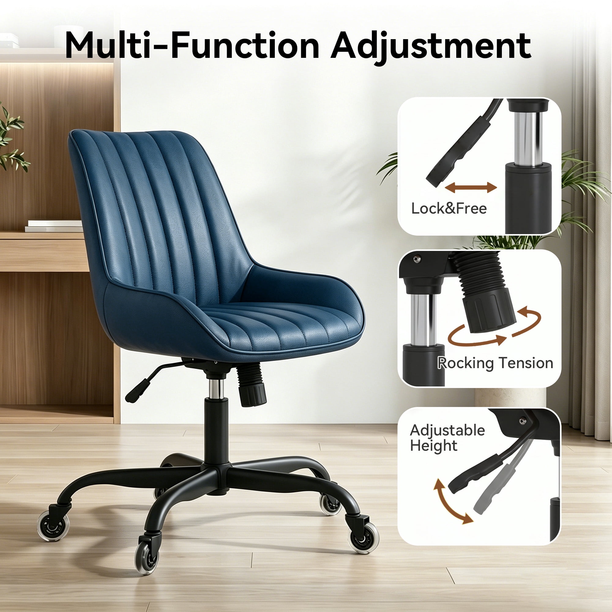 MOONMISS Armless Office Desk Chair Modern Upholstered Faux Leather Swivel Task Chair,Blue