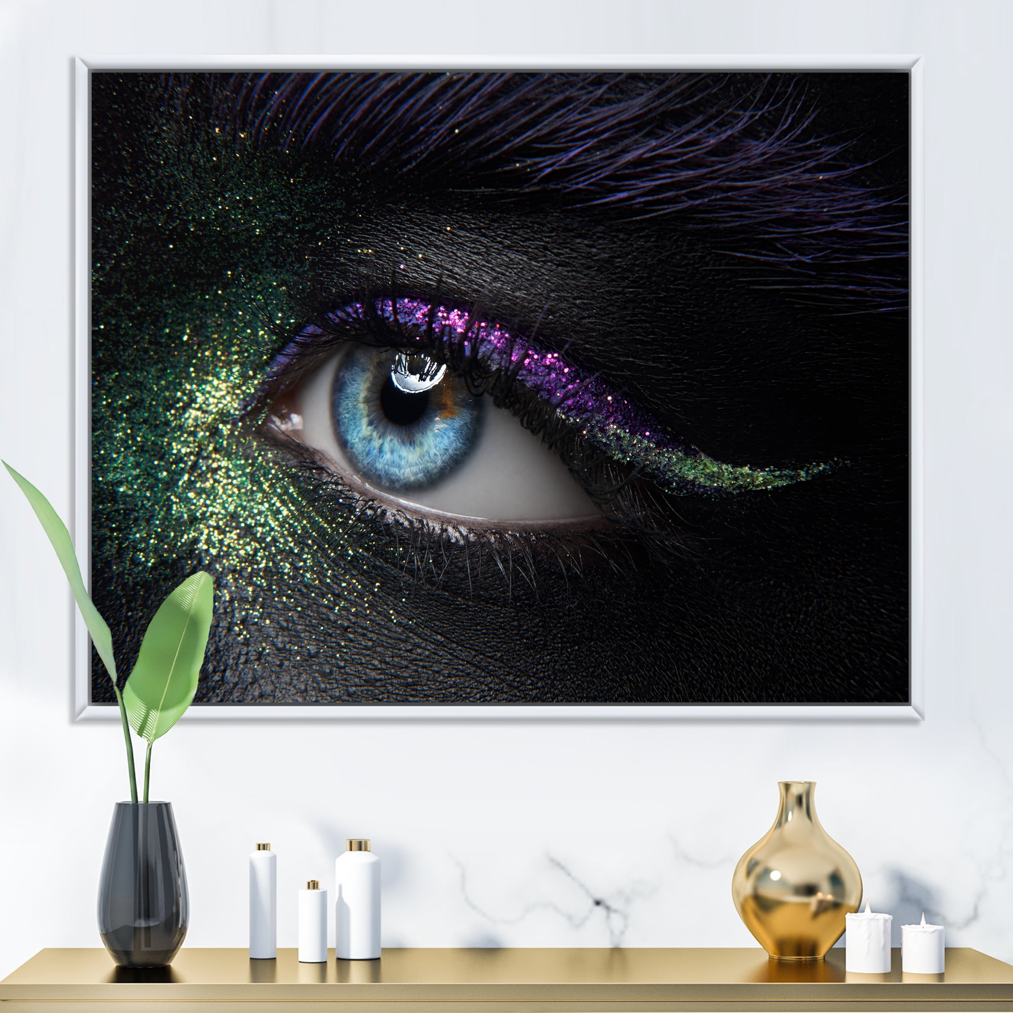 Designart 'Woman Eyes With Green & Purple Pigment & Sparkles' Modern Framed Canvas Wall Art Print
