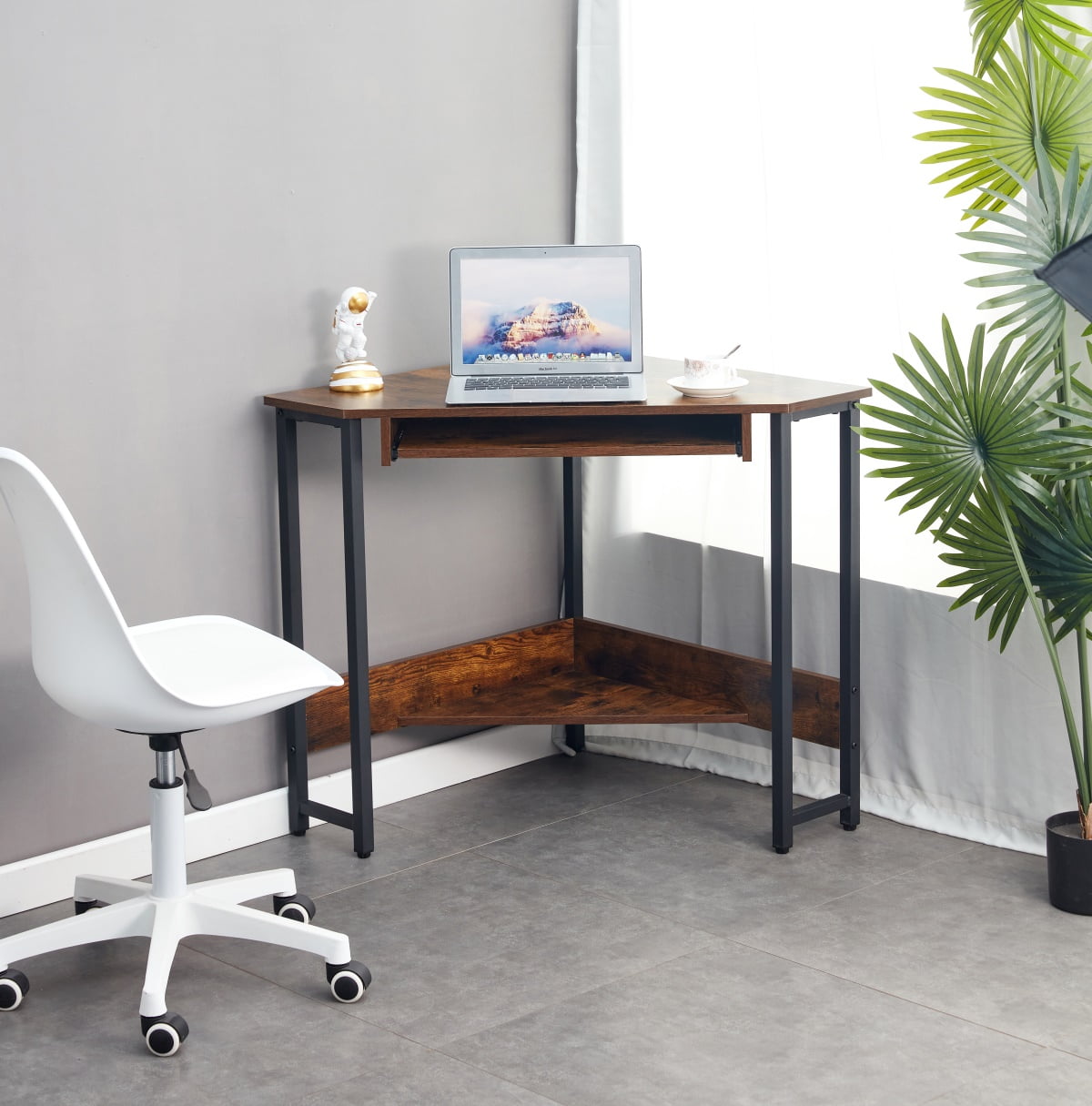 Lowestbest Rustic Computer Corner Desk, Triangle Working Table with Smooth Keyboard Tray, Brown Lowestbest Rustic Computer Corner Desk, Triangle Working Table with Smooth Keyboard Tray, Brown