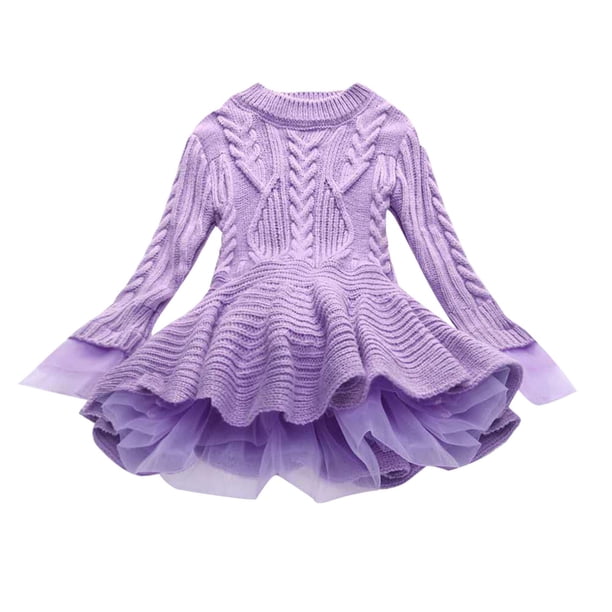 Odeerbi Niñas de Algodón de Punto Por Cable Suéter Vestido de Tul Tutú Princesa Vestidos de Color Sólido Cuello Redondo Vestido de Manga Larga Body