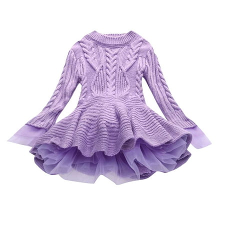 Odeerbi Kids Girls Cotton Cable Knit Sweater Dress Cute Tulle Tutu Princess Dresses Solid Color Round Neck Long Sleeve Bodysuit Dress Kids Girls Clothes