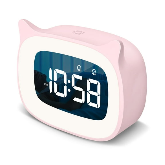 Kids Alarm Clock with Night Light & 18 Ringtones,Rechargeable,Cute Cat Ear Clock for Boys Girls Birthday Presents,Digital Clock for Children's Bedroom(Pink)