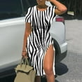 thumbnail image 2 of up to 60% off Gifts Usmixi Formal Dresses for Women Night Party Club Sexy Drawstring Slit Bodycon Dress Crewneck Short Sleeve Striped Print 2023 Summer Midi Dresses White xxxl Clothes, 2 of 4