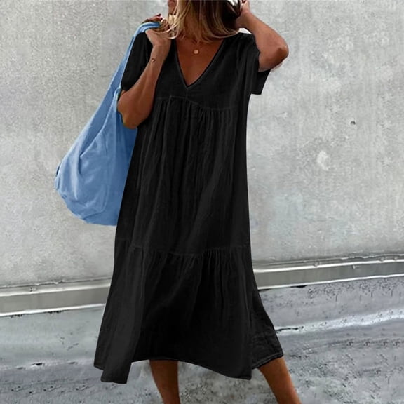 QUINDOS Summer Dresses for Women 2025 V-neck Casual Sundress Short Sleeve Sun Dresses Solid Color Pleated Long Midi Dresses for Women