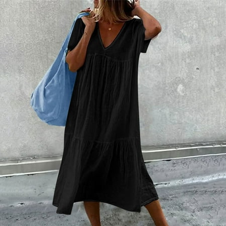 Spring Dresses for Women Ribbed Dress Womens Dresses Womens Summer Dresses Fashion Casual Looes V-Neck Short Sleeve Long Dress Solid Pleated Dresses Casual Womens Dresses