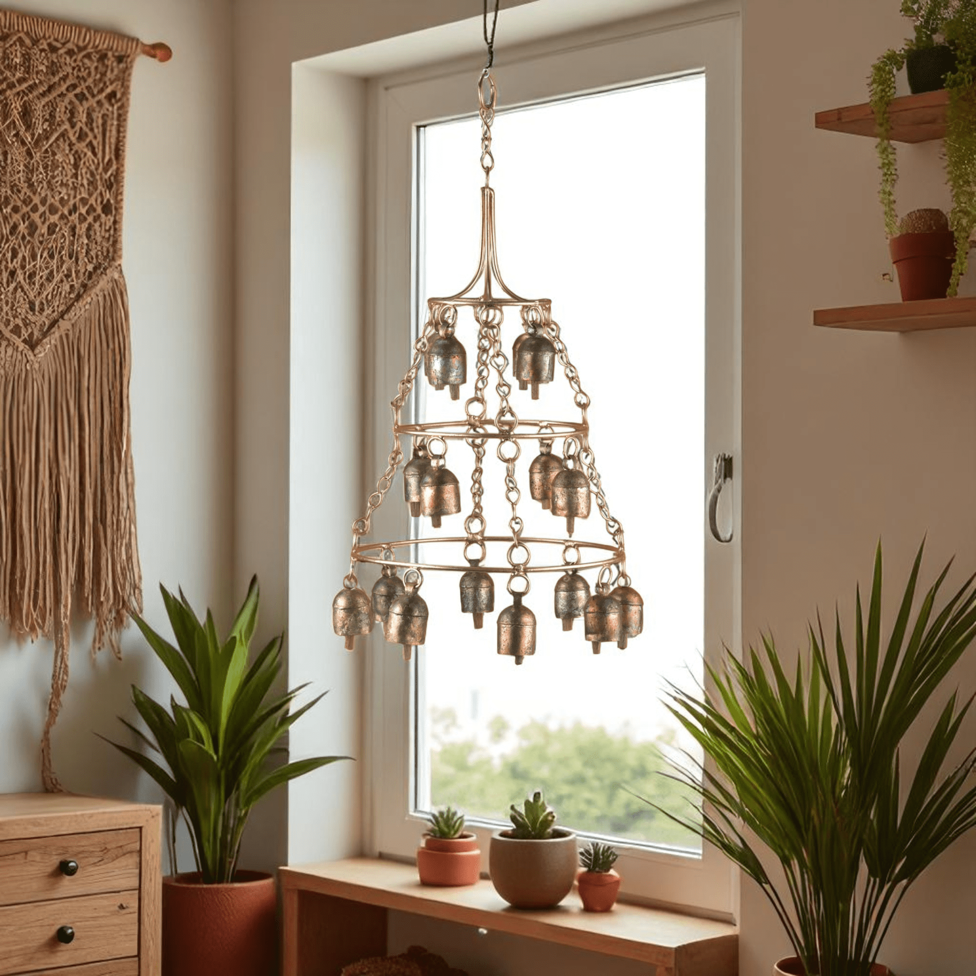 Rustic Wind Chimes for Outside – Handcrafted Tiered Bell Chime with Deep Tone – 16” Copper Coated Bronze Finish Metal Wind Chime for Garden Decor, Porch, Yard, Patio – Farmhouse Outdoor Decoration