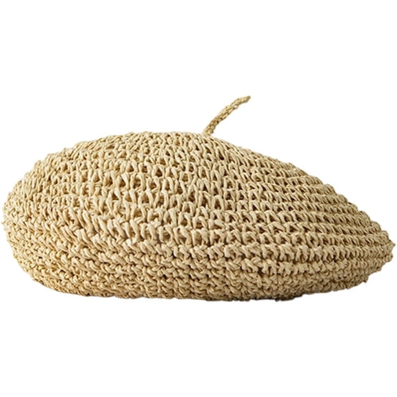 Byfri Crochet Straw Beret Hat French Artist Style Summer Hat for Women Daily Wear 54-58cm