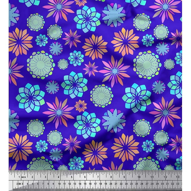 Soimoi Blue Cotton Duck Fabric Multicolor Mandala Print Sewing Fabric Yard 56 Inch Wide