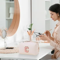 Deeceymbur Polyester Matte Makeup Bag Small Personalized Initial Pouch Beach Toiletry Purse for Women