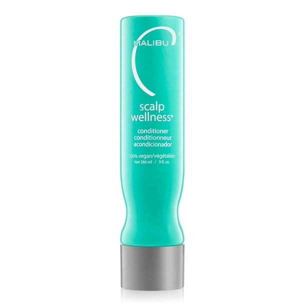 Malibu C Scalp Wellness Conditioner 9 oz in a teal bottle with a silver cap. This 100% vegan conditioner soothes and moisturizes dry scalp while nourishing and treating dry, damaged hair. Formulated with antioxidant vitamins, it improves symptoms associated with dandruff, eczema, psoriasis, cradle cap, and thinning hair. The bottle features bilingual labeling in English and French, suitable for travel-sized personal care needs.