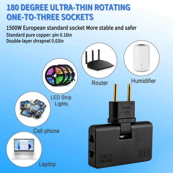 COM1950s 3-Outlet Extender Wall Adapter,Portable Plug Converter with Rotating Head,Small Space-Saving Power Strip for Home,Office,and Travel Use