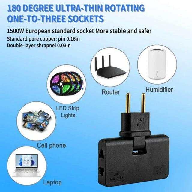 COM1950s 3-Outlet Extender Wall Adapter,Portable Plug Converter with Rotating Head,Small Space-Saving Power Strip for Home,Office,and Travel Use