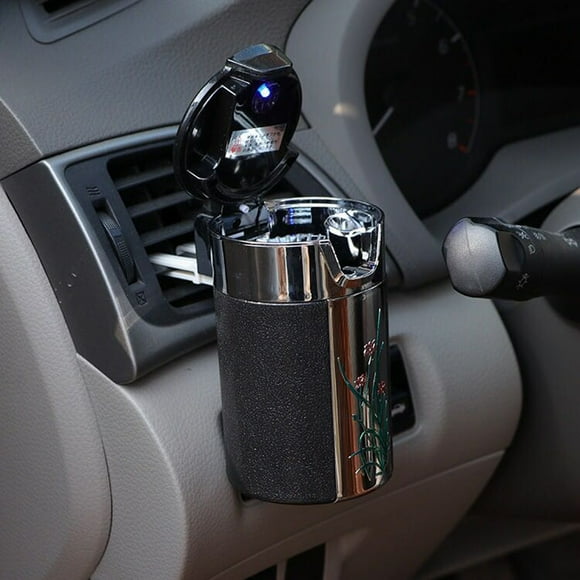 Car Portable Cigar Cigarette Ashtray Smokeless Carbon Fiber Car Ashtray With Led Light Cylinder