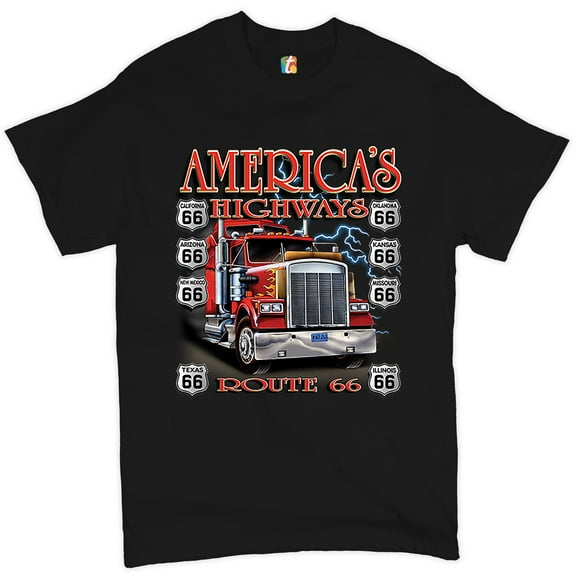 Tee Hunt America's Highways Route 66 T-Shirt Truck Driver Mechanic Teamster Men's Tee