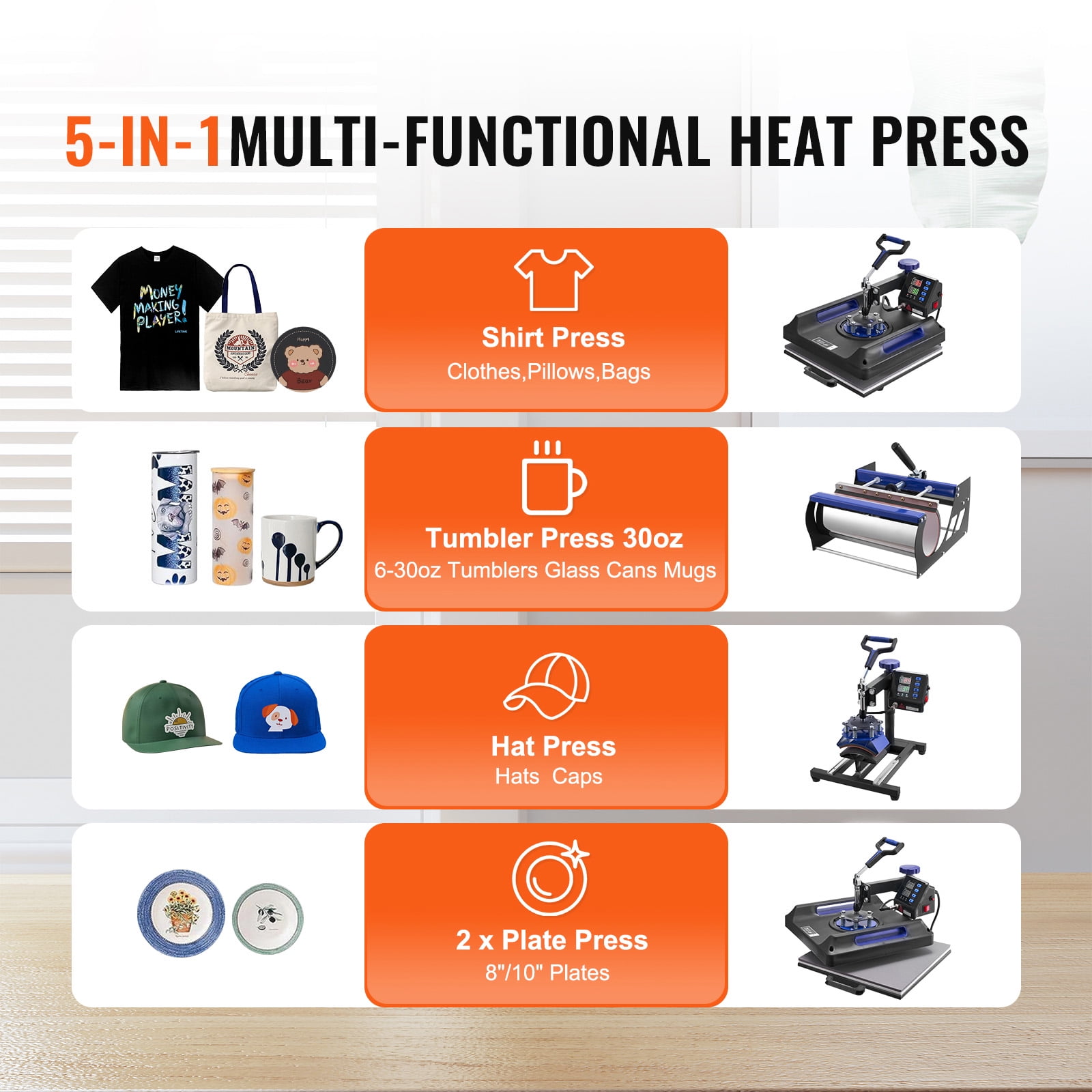 KFFKFF Heat Press, 15x15 inch, 8-in-1 Transfer Kit with 30 oz Cup Press, 360° Rotating Digital T-Shirt Printer, Teflon Finish, for Apparel/Mugs/Caps/Dishes, Black & Blue