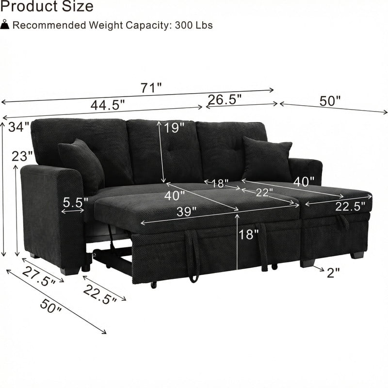 Convertible Sleeper Sectional Sofa with Pull-Out Bed & Reversible Chaise, Loveseat Couch with Hidden Storage for Small Spaces