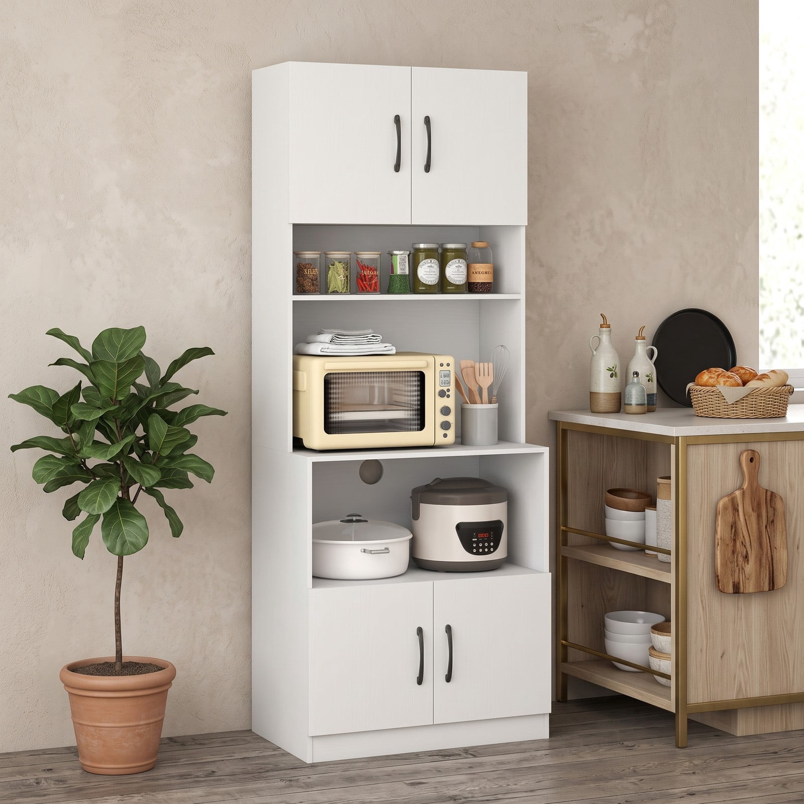 Furnibear 66 Inch Kitchen Pantry Cabinet with Charging Station, Adjustable Shelves and Wide Countertop, Freestanding Storage Hutch for Kitchen Dining Room, White