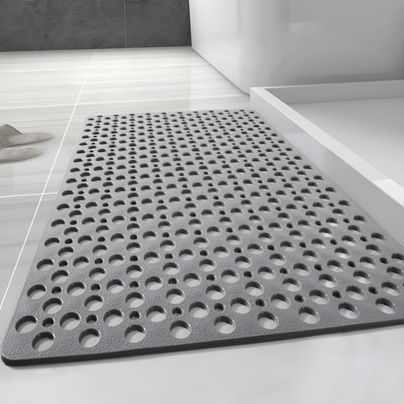 RLESO Shower Mat,Non Slip Bath Mat and Shower Mat with Suction Cups and Drain Holes,Easy to Clean Soft Machine (Gray,27.6" X 15" (Rectangular))