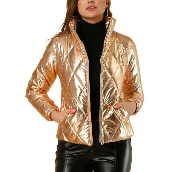 Allegra K Women's Holographic Zipper Quilting Metallic Short Puffer Coat Jacket