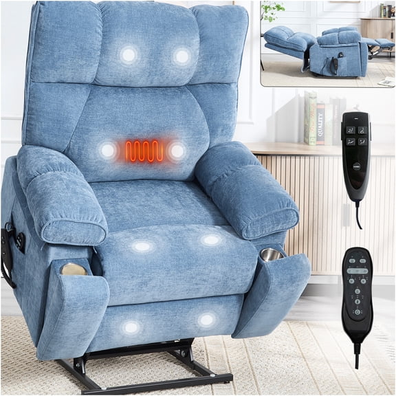 JERFIT Electric Power Lift Recliner Chair with Massage and Heat, Large Oversized Heavy Duty Reclining Chair for Elderly, Blue Chenille Fabric