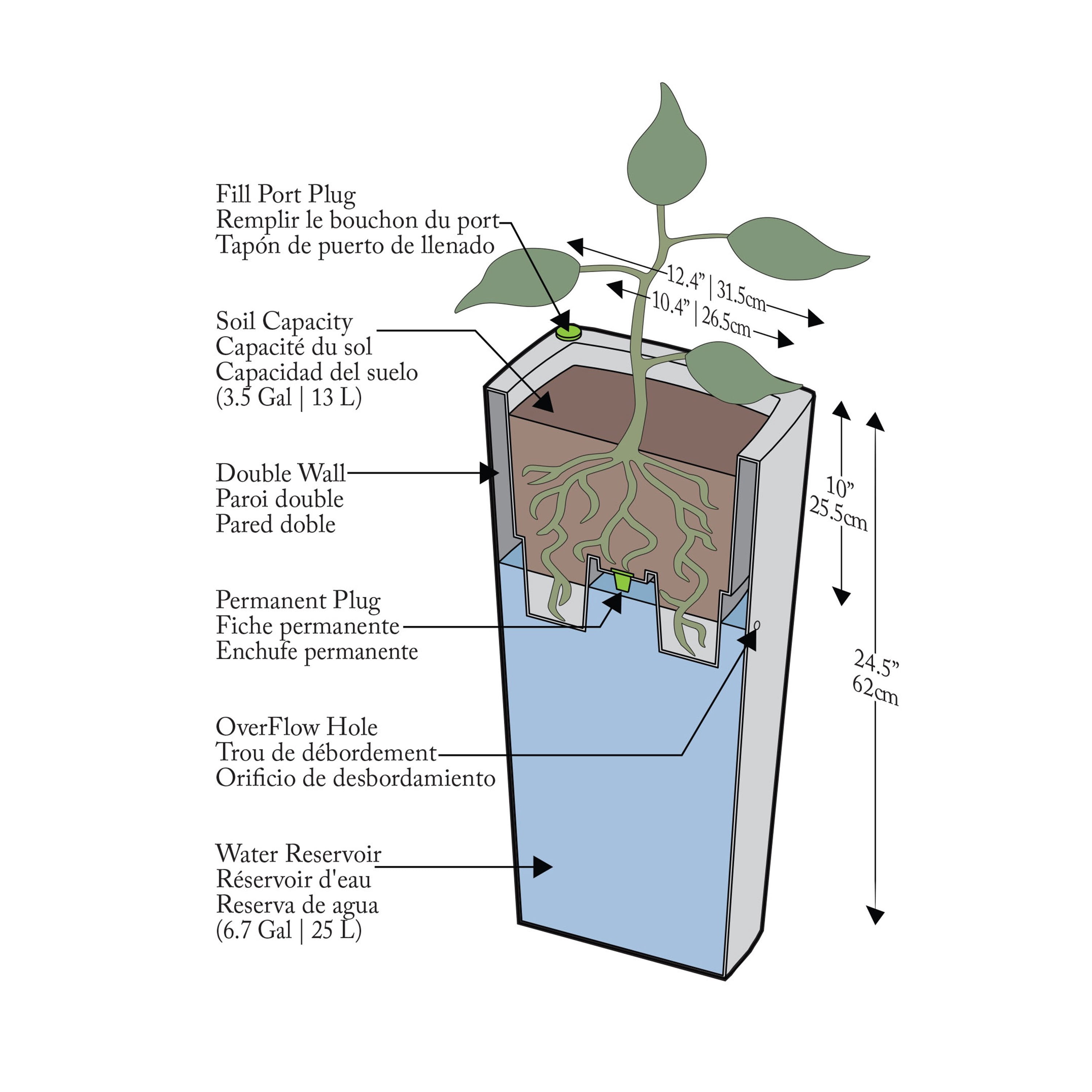 Algreen Crete 25" Self-Watering Planter, Square Curve, Brownstone Resin
