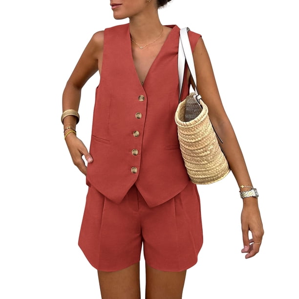Conjunto de Chaleco sin Mangas y Shorts para Mujer PRETTYGARDEN Rojo Óxido Talla L
