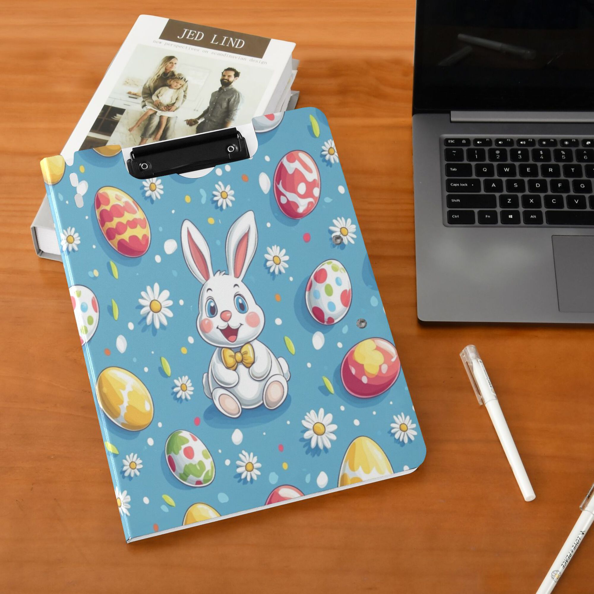 FORMRS A4 Clipboard Folder with Pen Holder Horizontal Foldable School Office Binder, Easter Bunny Pattern
