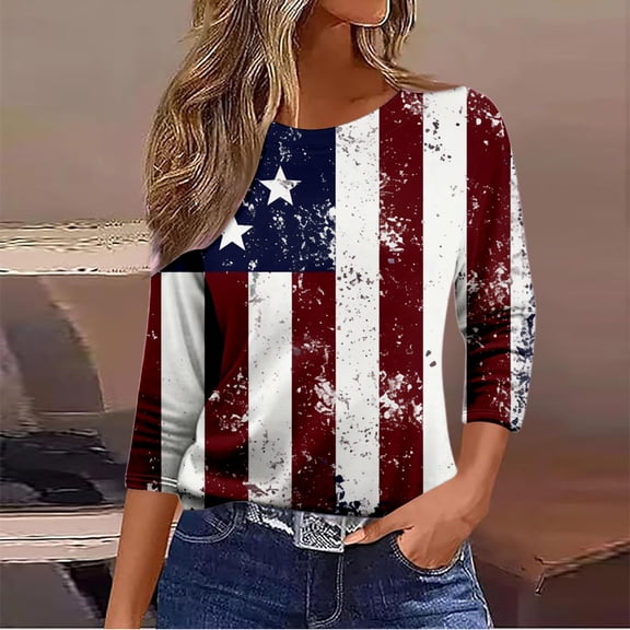 Conairie 4th of July Shirt Womens Loose Crew Neck 3/4 Sleeve Patriotic T Shirts With American Falg Print Holiday Commemorative Tops Red L