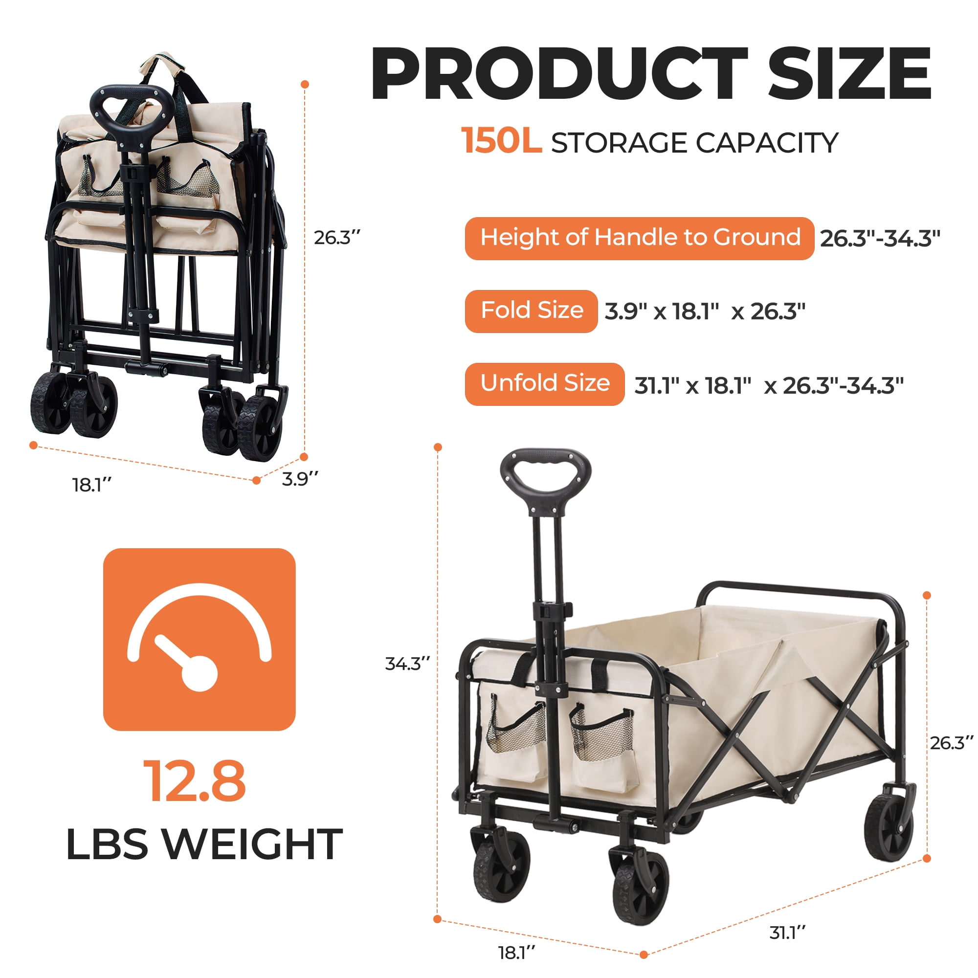 Folding Utility Wagon, Collapsible Outdoor Wagon Cart for Camping, Gardening, Picnic, Beach, Beige