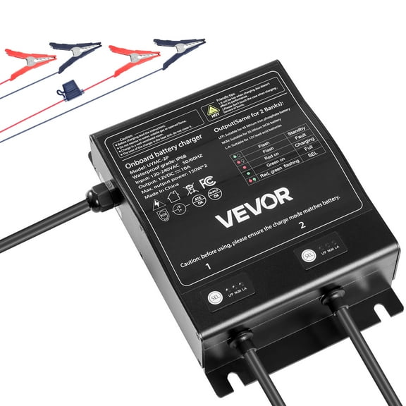 VEVOR Marine Battery Charger, 2-Bank, 10A 12V Onboard Boat Charger, IP68 Waterproof Smart On-Board Battery Charger, for Lithium-Ion (LiFePO4), NCM, Lead-Acid Batteries, Large Boat,Yacht,RV,Trailer