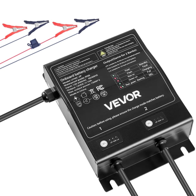 VEVOR 2-Bank 10A 12V Smart Marine Battery Charger Onboard IP68 Waterproof Boat RV