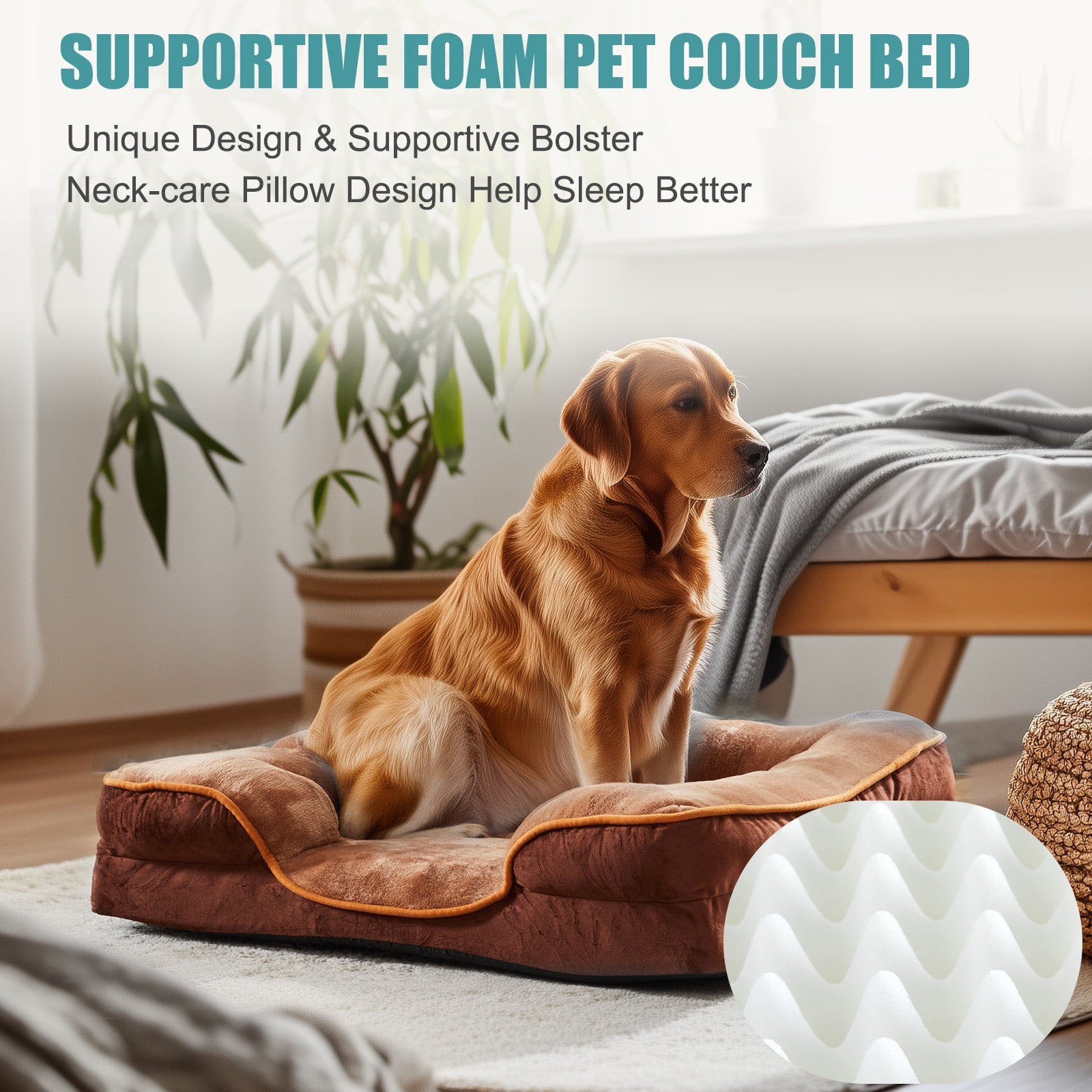 SHOUFTW L Orthopedic Dog Bed 42"x32", Large Dog Sofa Bed with Egg Crate Foam Support, Waterproof Liner, Removable Washable Cover, Non-Slip Bottom Pet Bed for Large Dogs,Brown