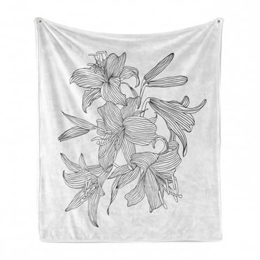 Vintage Botany Soft Flannel Fleece Throw Blanket, Basic Pattern of Burgeoning Striped Lilies on a Plain Background, Cozy Plush for Indoor and Outdoor Use, 60" x 80", Dark Grey and White, by Ambesonne