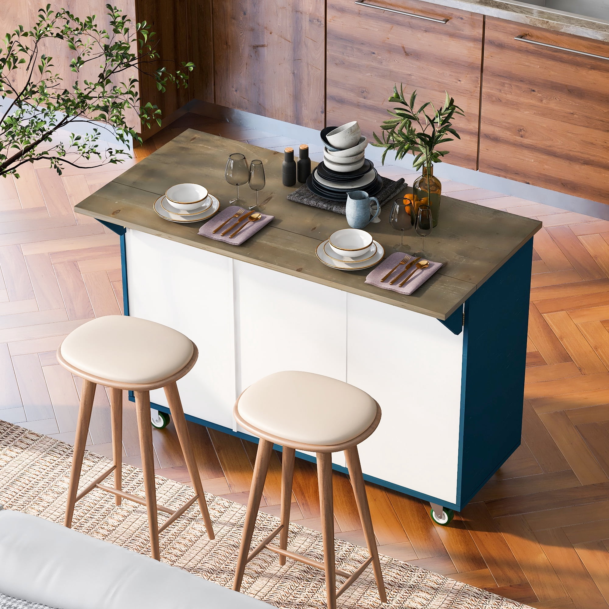 DEALTOPS 51"L Retro Mountain Wood Rolling Kitchen Island with Drop Leaf, Internal Storage Rack for Dining Room-Navy Blue
