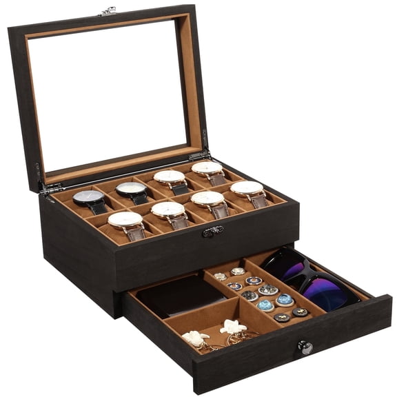 Uten 8-Slot Wooden Watch Box with Drawer & Glass Top, Luxury Display Case and Jewelry Organizer with Removable Pillows & Velvet Lining, Black