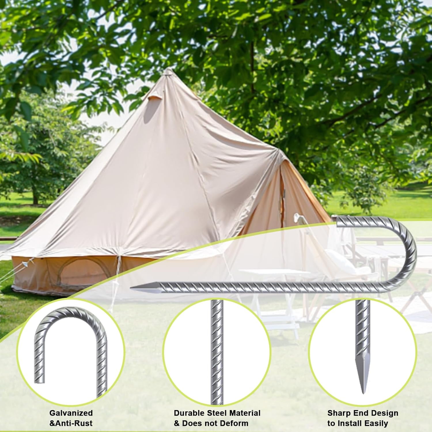 MySit 12" Ground Rebar Stakes J Hook Ground Anchors, 12 Pack Heavy Duty Galvanized Anti-Rust Heavy Duty for Camping Tent, Trampoline, Chain Link Fence, Lawn, Garden Decoration